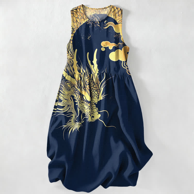 Buddha Stones Lässiges, ärmelloses Midikleid für Damen mit goldenem Drachen- und Wolkenmuster und Taschen - Marine - US16, UK/AU20, EU48 (3XL) - image 0