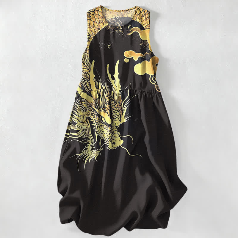 Buddha Stones Lässiges, ärmelloses Midikleid für Damen mit goldenem Drachen- und Wolkenmuster und Taschen - Schwarz - US16, UK/AU20, EU48 (3XL) - image 4
