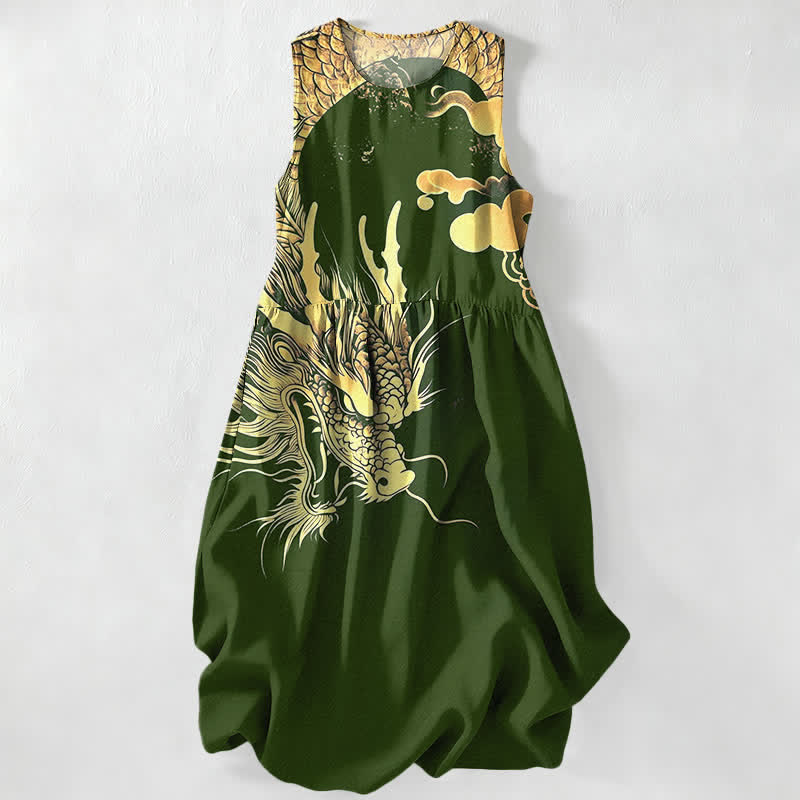 Buddha Stones Lässiges, ärmelloses Midikleid für Damen mit goldenem Drachen- und Wolkenmuster und Taschen - Dunkelolivgrün - US16, UK/AU20, EU48 (3XL) - image 8