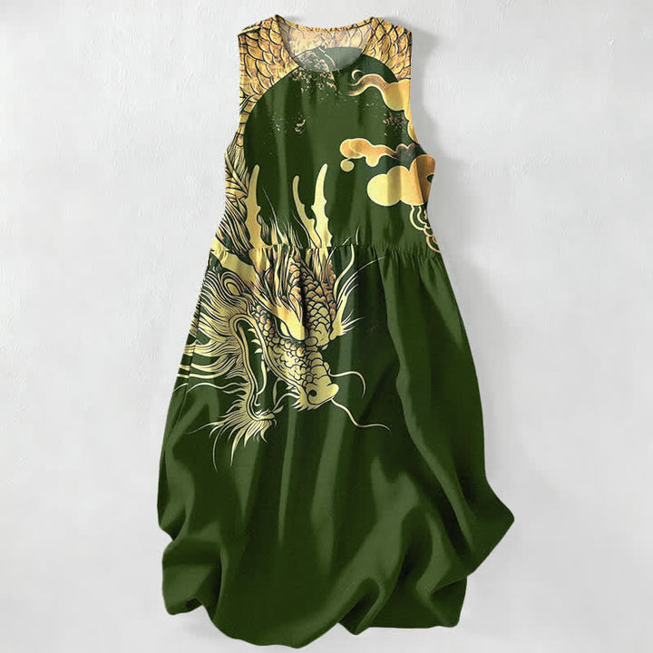 Buddha Stones Lässiges, ärmelloses Midikleid für Damen mit goldenem Drachen- und Wolkenmuster und Taschen - Dunkelolivgrün - US16, UK/AU20, EU48 (3XL) - image 8