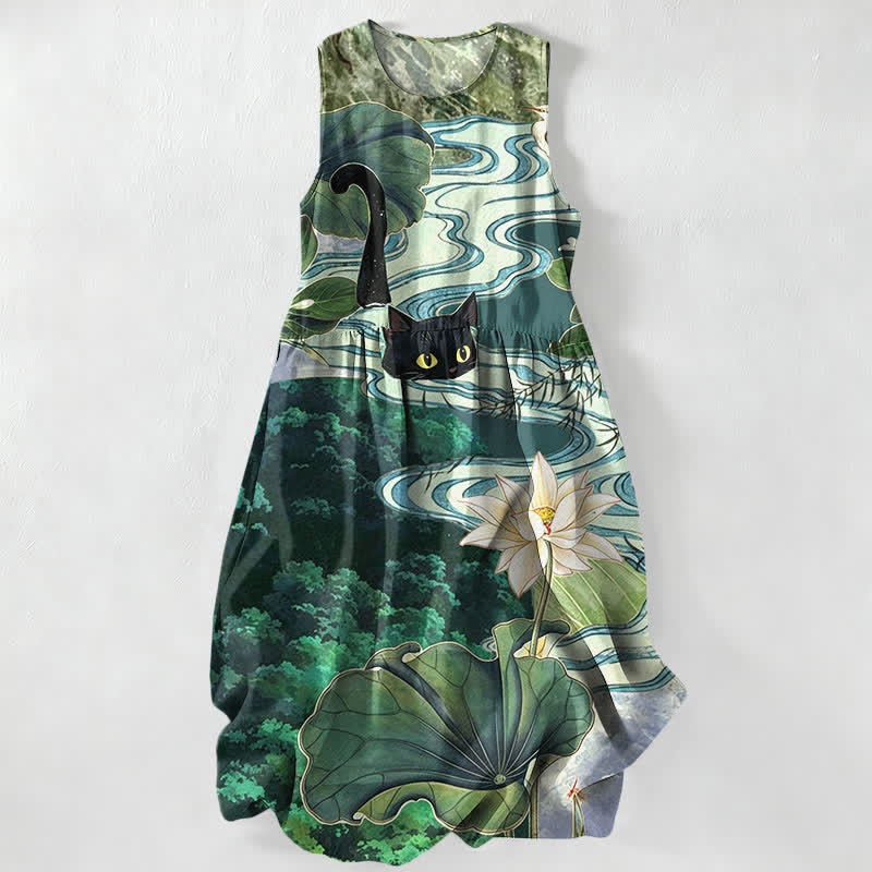 Buddha Stones Lässiges Sommerkleid für Damen mit Lotus- und schwarzem Katzenmuster, ärmellos, Midi-Länge und Taschen - Türkis - US16, UK/AU20, EU48 (3XL) - image 0