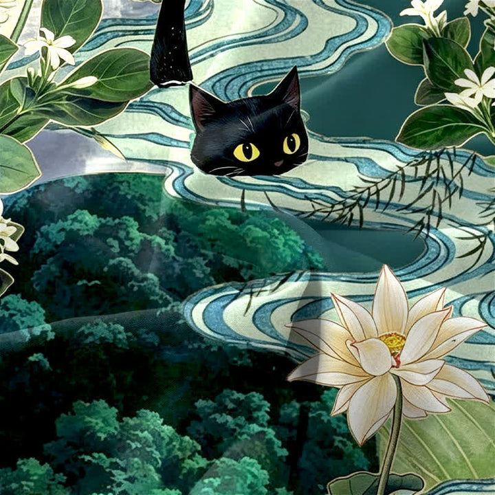 Buddha Stones Lässiges Sommerkleid für Damen mit Lotus- und schwarzem Katzenmuster, ärmellos, Midi-Länge und Taschen - image 3