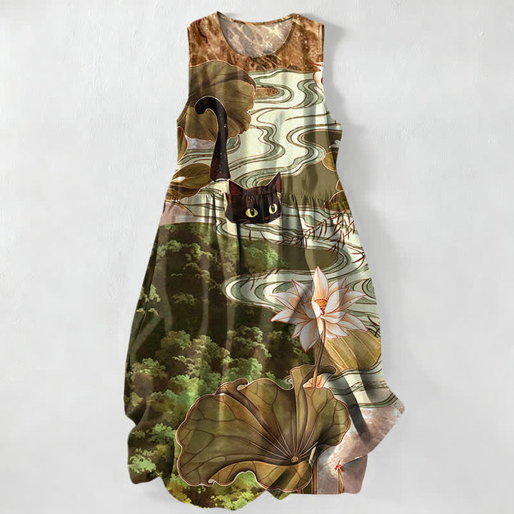 Buddha Stones Lässiges Sommerkleid für Damen mit Lotus- und schwarzem Katzenmuster, ärmellos, Midi-Länge und Taschen - Dunkelkhaki - US16, UK/AU20, EU48 (3XL) - image 4