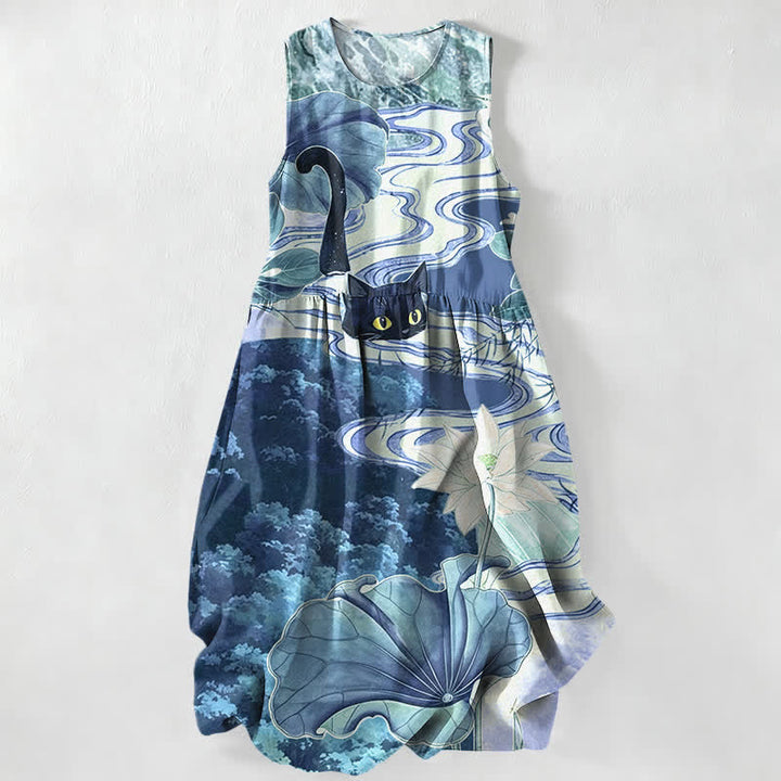 Buddha Stones Lässiges Sommerkleid für Damen mit Lotus- und schwarzem Katzenmuster, ärmellos, Midi-Länge und Taschen - Hellblau - US16, UK/AU20, EU48 (3XL) - image 8