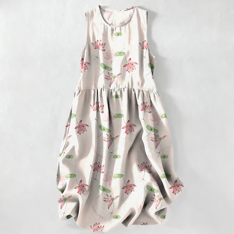 Buddha Stones Lässiges, sommerliches Damen-Midikleid mit Lotusblattmuster, ärmellos und mit Taschen - Elfenbein - US16, UK/AU20, EU48 (3XL) - image 0