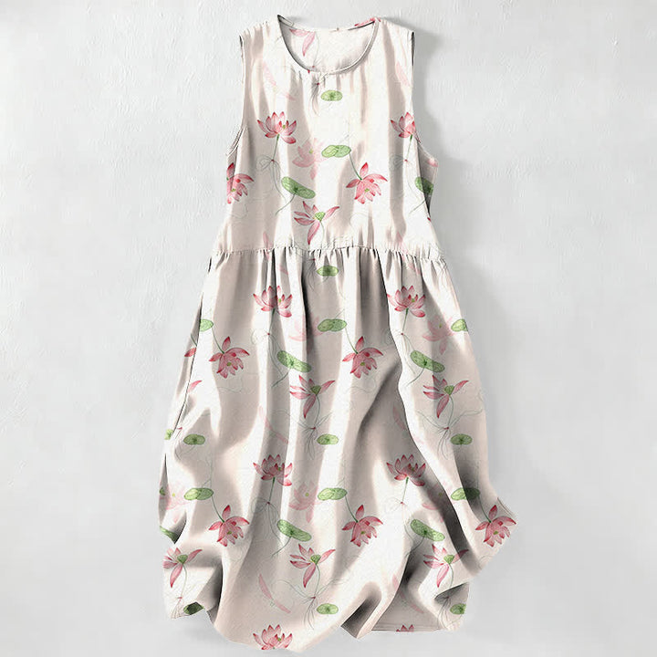Buddha Stones Lässiges, sommerliches Damen-Midikleid mit Lotusblattmuster, ärmellos und mit Taschen - Elfenbein - US16, UK/AU20, EU48 (3XL) - image 0