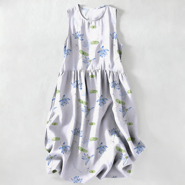Buddha Stones Lässiges, sommerliches Damen-Midikleid mit Lotusblattmuster, ärmellos und mit Taschen - Lavendel - US16, UK/AU20, EU48 (3XL) - image 4