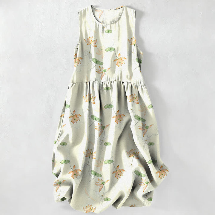 Buddha Stones Lässiges, sommerliches Damen-Midikleid mit Lotusblattmuster, ärmellos und mit Taschen - Honigmelone - US16, UK/AU20, EU48 (3XL) - image 8