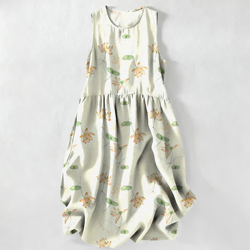 Buddha Stones Lässiges, sommerliches Damen-Midikleid mit Lotusblattmuster, ärmellos und mit Taschen - Honigmelone - US16, UK/AU20, EU48 (3XL) - image 8