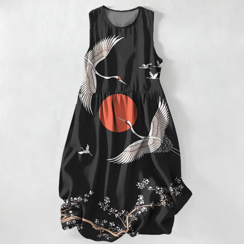Buddha Stones Sommerliches, lässiges, ärmelloses Midikleid für Damen mit Kranich- und Sonnenmuster in Rot und mit Taschen - Schwarz - US16, UK/AU20, EU48 (3XL) - image 0