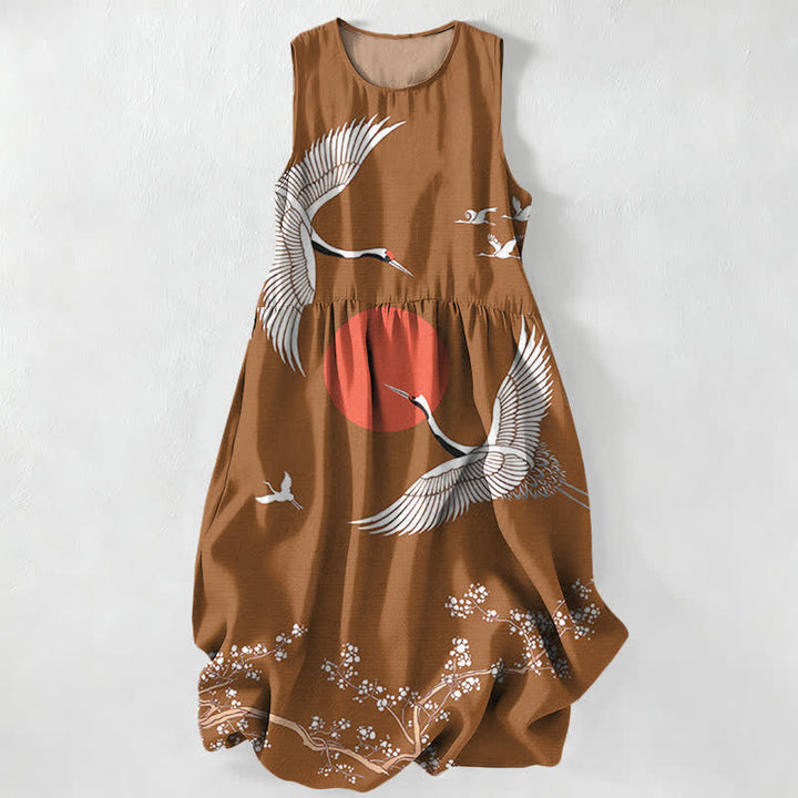 Buddha Stones Sommerliches, lässiges, ärmelloses Midikleid für Damen mit Kranich- und Sonnenmuster in Rot und mit Taschen - Sienna - US16, UK/AU20, EU48 (3XL) - image 4