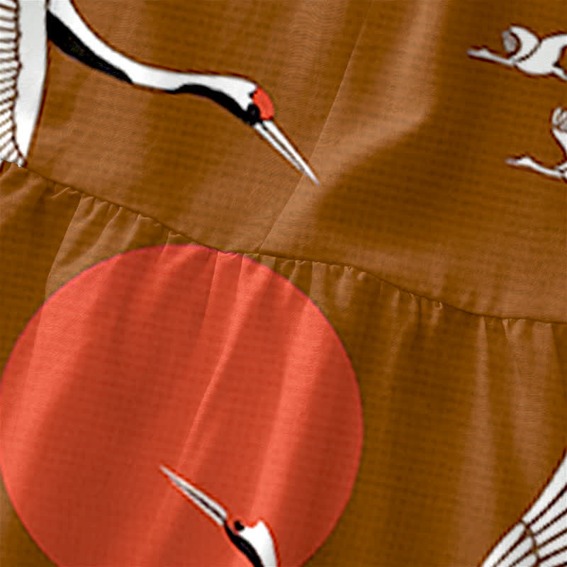 Buddha Stones Sommerliches, lässiges, ärmelloses Midikleid für Damen mit Kranich- und Sonnenmuster in Rot und mit Taschen - image 5