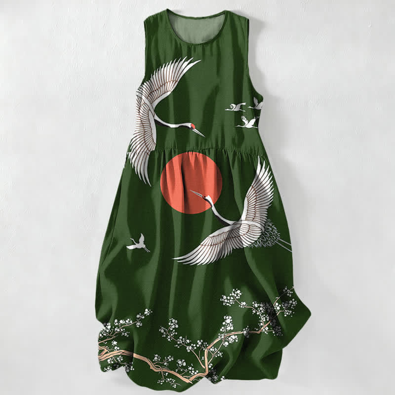 Buddha Stones Sommerliches, lässiges, ärmelloses Midikleid für Damen mit Kranich- und Sonnenmuster in Rot und mit Taschen - Waldgrün - US16, UK/AU20, EU48 (3XL) - image 8