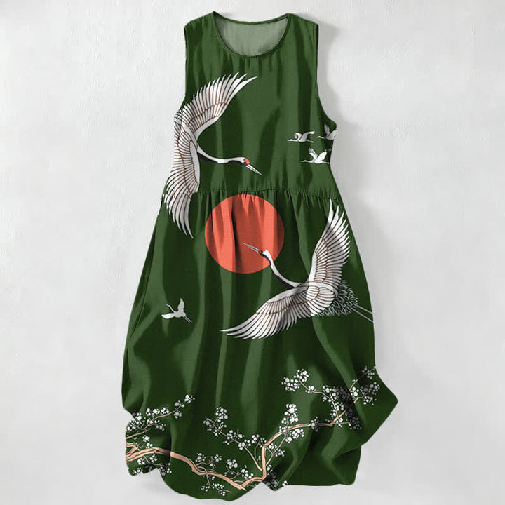 Buddha Stones Sommerliches, lässiges, ärmelloses Midikleid für Damen mit Kranich- und Sonnenmuster in Rot und mit Taschen - Waldgrün - US16, UK/AU20, EU48 (3XL) - image 8