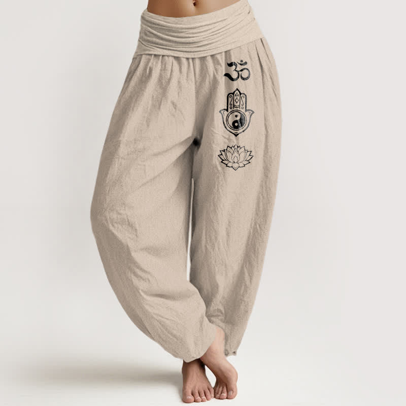 Buddha Stones Damen-Haremshose aus reiner Baumwolle mit Om-Hamsa-Yin-Yang-Lotus-Muster und elastischem Bund - Bräunen - US16, UK/AU20, EU48 (3XL) - image 0