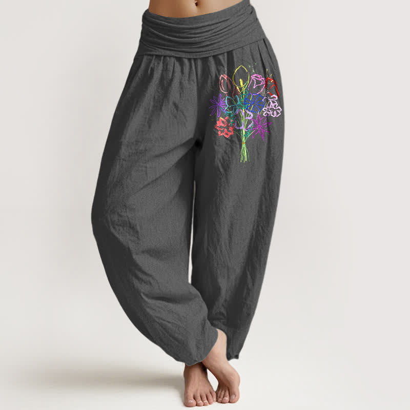 Buddha Stones Damen-Haremshose aus reiner Baumwolle mit Blumenmuster und elastischem Bund - DimGray - US16, UK/AU20, EU48 (3XL) - image 8