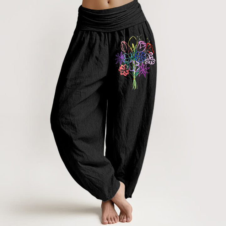 Buddha Stones Damen-Haremshose aus reiner Baumwolle mit Blumenmuster und elastischem Bund - Schwarz - US16, UK/AU20, EU48 (3XL) - image 0