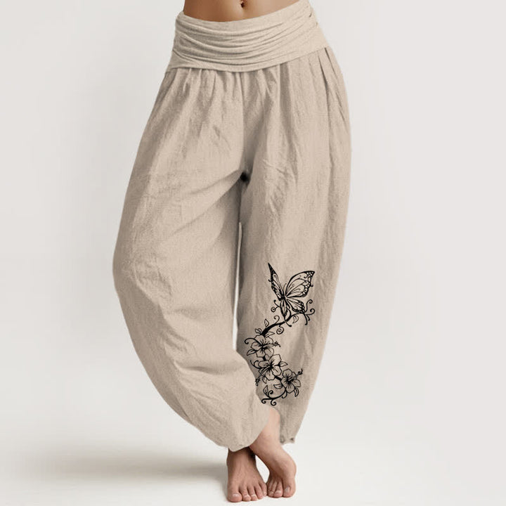 Buddha Stones Damen-Haremshose aus reiner Baumwolle mit Schmetterlings- und Blumenmuster, elastischem Bund - Bräunen - US16, UK/AU20, EU48 (3XL) - image 14