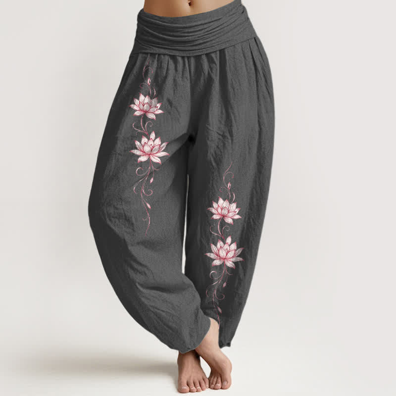 Buddha Stones Damen-Haremshose aus reiner Baumwolle mit Lotusblütenmuster und elastischem Bund - DimGray - US16, UK/AU20, EU48 (3XL) - image 8