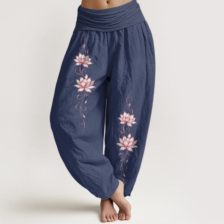 Buddha Stones Damen-Haremshose aus reiner Baumwolle mit Lotusblütenmuster und elastischem Bund - Dunkelschieferblau - US16, UK/AU20, EU48 (3XL) - image 5