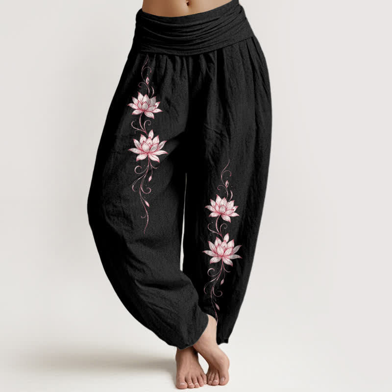 Buddha Stones Damen-Haremshose aus reiner Baumwolle mit Lotusblütenmuster und elastischem Bund - Schwarz - US16, UK/AU20, EU48 (3XL) - image 0