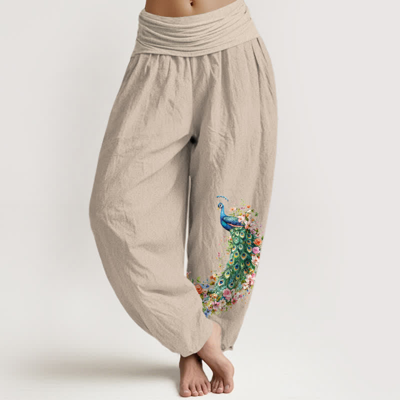 Buddha Stones Damen-Haremshose aus reiner Baumwolle mit Pfauen- und Blumenmuster, elastischer Bund - Bräunen - US16, UK/AU20, EU48 (3XL) - image 14