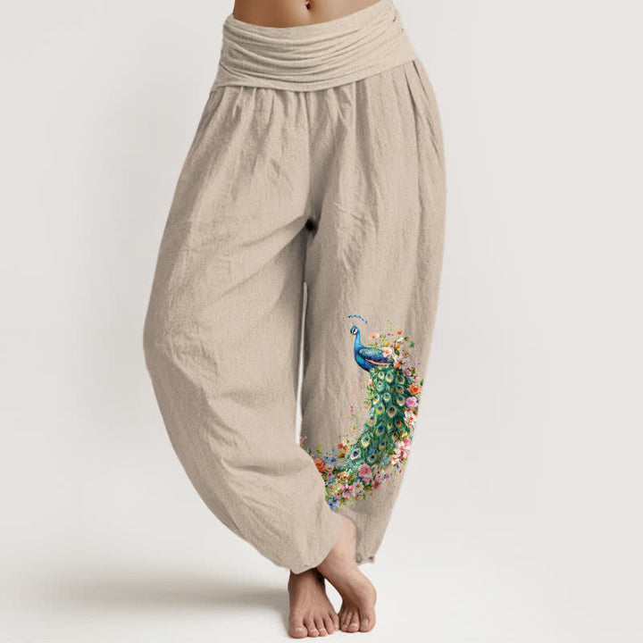 Buddha Stones Damen-Haremshose aus reiner Baumwolle mit Pfauen- und Blumenmuster, elastischer Bund - Bräunen - US16, UK/AU20, EU48 (3XL) - image 14
