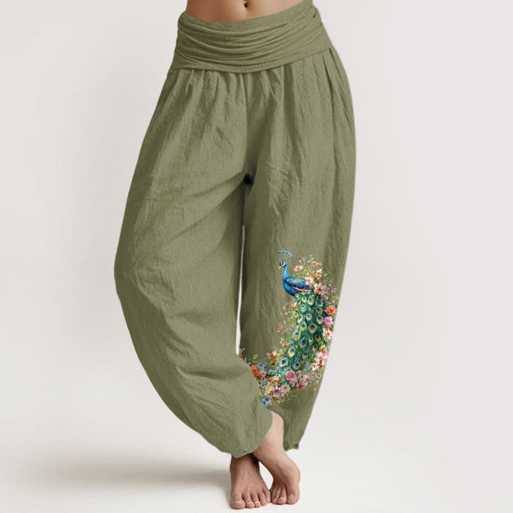 Buddha Stones Damen-Haremshose aus reiner Baumwolle mit Pfauen- und Blumenmuster, elastischer Bund - Olivgrün - US16, UK/AU20, EU48 (3XL) - image 11