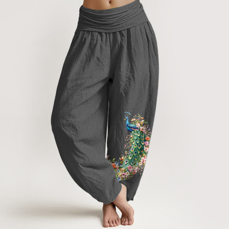 Buddha Stones Damen-Haremshose aus reiner Baumwolle mit Pfauen- und Blumenmuster, elastischer Bund - DimGray - US16, UK/AU20, EU48 (3XL) - image 8