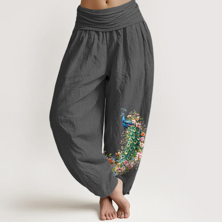 Buddha Stones Damen-Haremshose aus reiner Baumwolle mit Pfauen- und Blumenmuster, elastischer Bund - DimGray - US16, UK/AU20, EU48 (3XL) - image 8