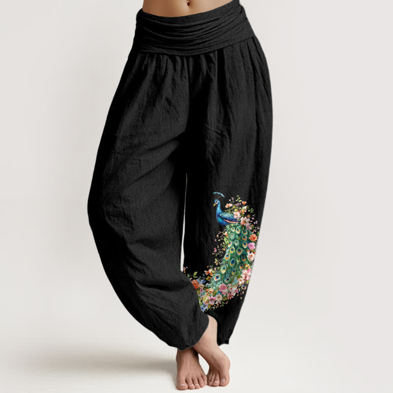 Buddha Stones Damen-Haremshose aus reiner Baumwolle mit Pfauen- und Blumenmuster, elastischer Bund - Schwarz - US16, UK/AU20, EU48 (3XL) - image 0