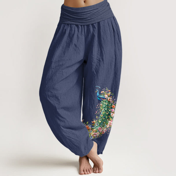 Buddha Stones Damen-Haremshose aus reiner Baumwolle mit Pfauen- und Blumenmuster, elastischer Bund - Dunkelschieferblau - US16, UK/AU20, EU48 (3XL) - image 5
