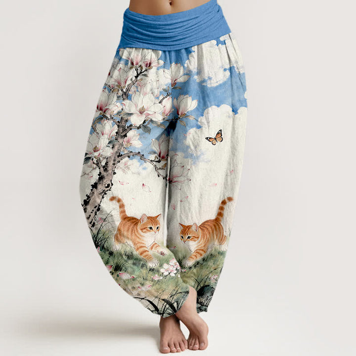 Buddha Stones Damen-Haremshose aus reiner Baumwolle mit orangefarbenem Tabby-Katzenmuster und elastischem Bund in Magnolien-Orange. - Kornblumenblau - US16, UK/AU20, EU48 (3XL) - image 0