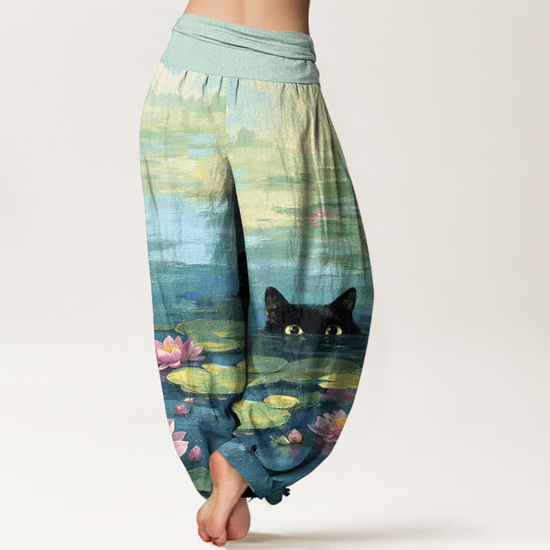 Buddha Stones Baumwoll-Haremshose mit Lotus-Teich-Katzenmuster und elastischem Bund für Damen - image 1