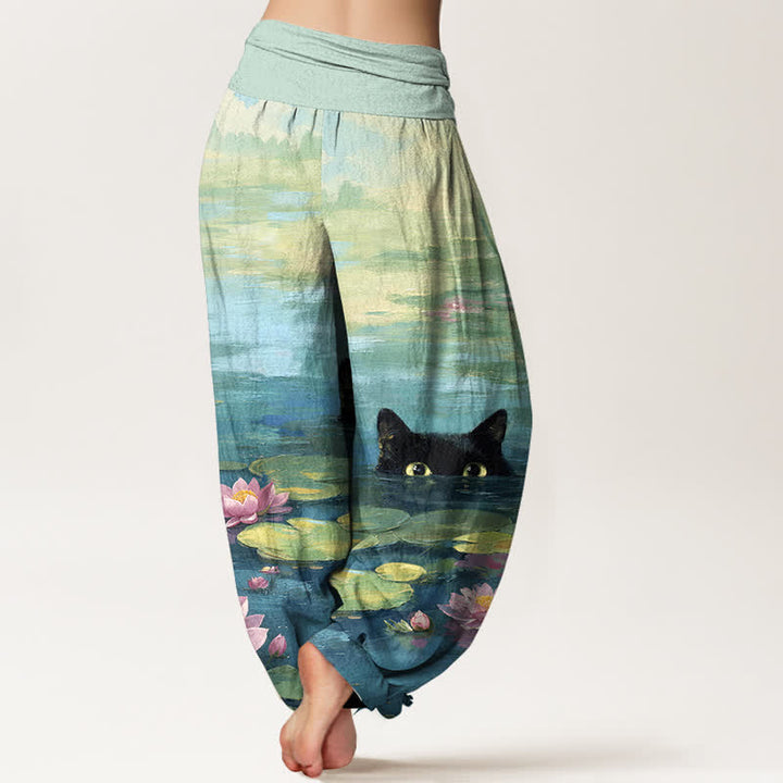 Buddha Stones Baumwoll-Haremshose mit Lotus-Teich-Katzenmuster und elastischem Bund für Damen - image 1