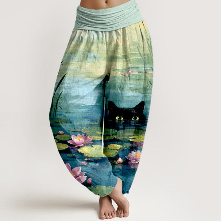 Buddha Stones Baumwoll-Haremshose mit Lotus-Teich-Katzenmuster und elastischem Bund für Damen - Mitteltürkis - US16, UK/AU20, EU48 (3XL) - image 0