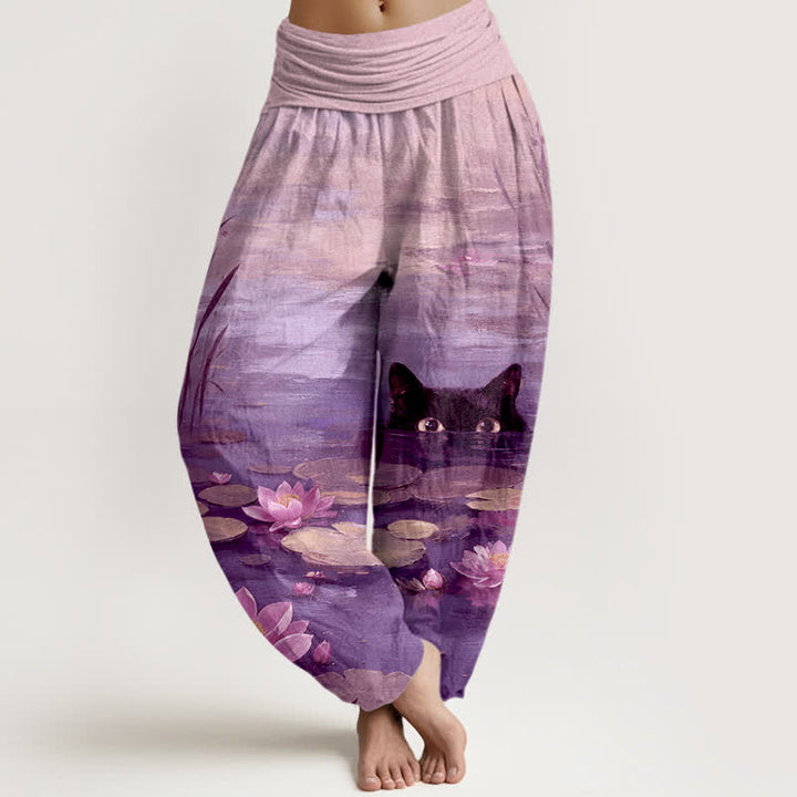 Buddha Stones Baumwoll-Haremshose mit Lotus-Teich-Katzenmuster und elastischem Bund für Damen - Mittelviolett - US16, UK/AU20, EU48 (3XL) - image 5