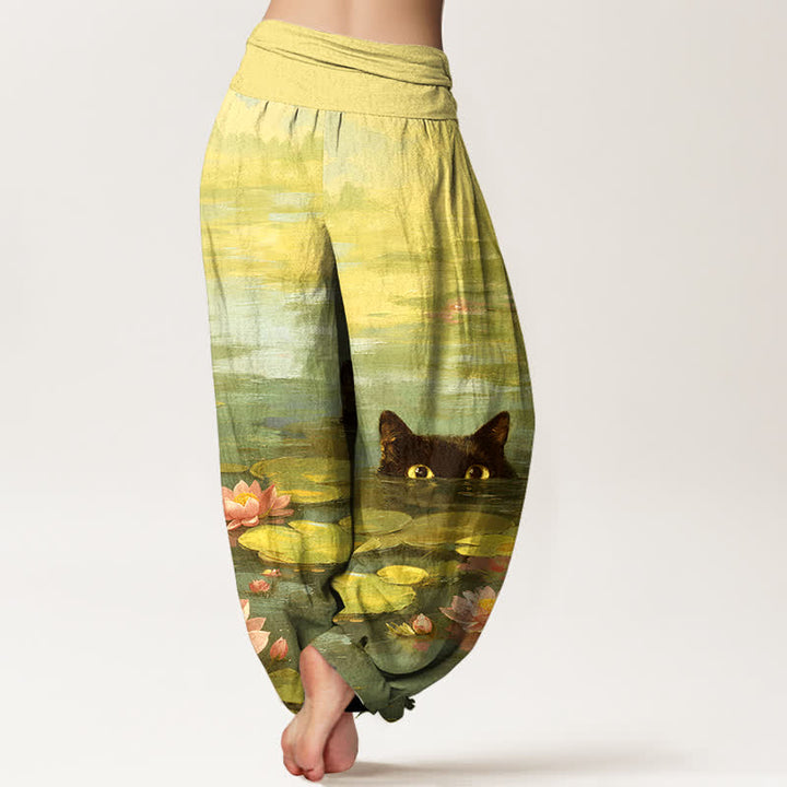 Buddha Stones Baumwoll-Haremshose mit Lotus-Teich-Katzenmuster und elastischem Bund für Damen - image 9
