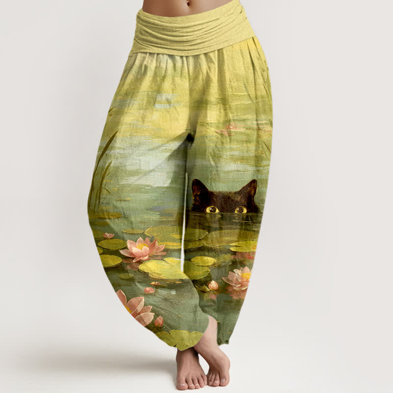 Buddha Stones Baumwoll-Haremshose mit Lotus-Teich-Katzenmuster und elastischem Bund für Damen - Gelbgrün - US16, UK/AU20, EU48 (3XL) - image 8