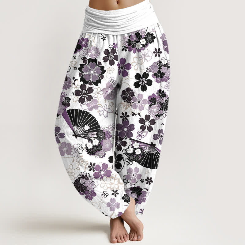 Buddha Stones Haremshose aus Baumwolle mit Kirschblüten- und Fächermuster, elastischem Bund, für Damen - Distel - US16, UK/AU20, EU48 (3XL) - image 0