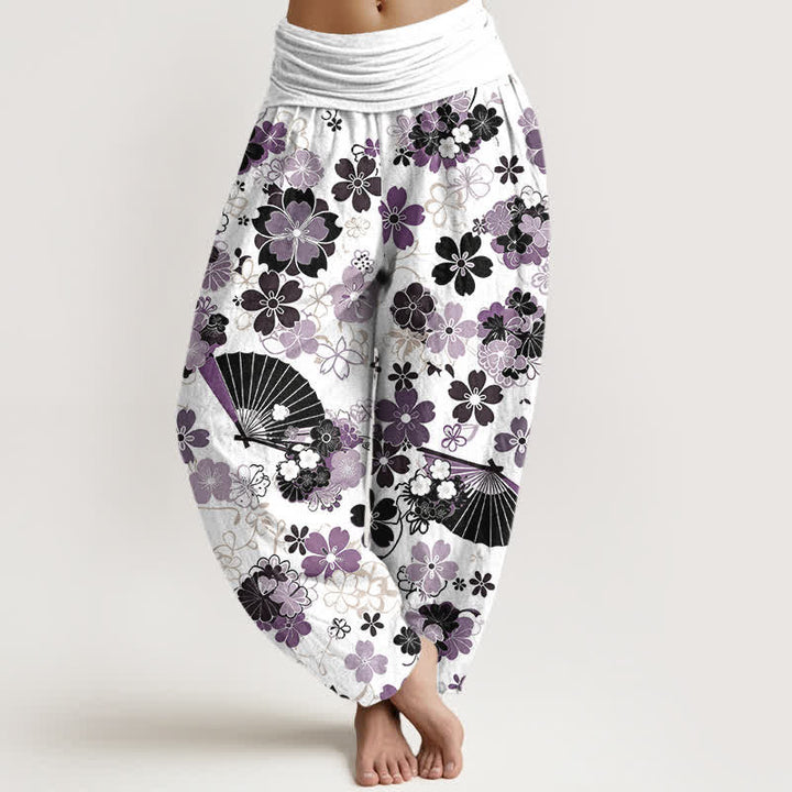Buddha Stones Haremshose aus Baumwolle mit Kirschblüten- und Fächermuster, elastischem Bund, für Damen - Distel - US16, UK/AU20, EU48 (3XL) - image 0