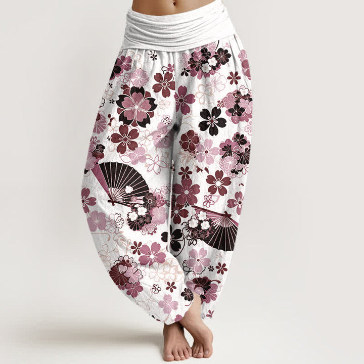 Buddha Stones Haremshose aus Baumwolle mit Kirschblüten- und Fächermuster, elastischem Bund, für Damen - RosyBrown - US16, UK/AU20, EU48 (3XL) - image 5