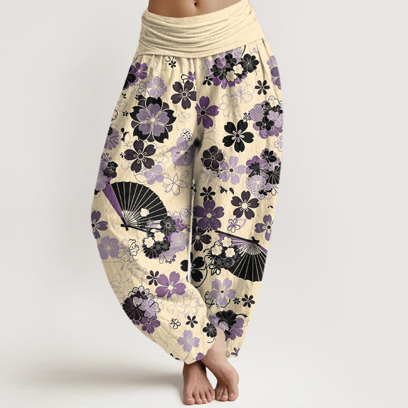 Buddha Stones Haremshose aus Baumwolle mit Kirschblüten- und Fächermuster, elastischem Bund, für Damen - Maisfäden - US16, UK/AU20, EU48 (3XL) - image 8