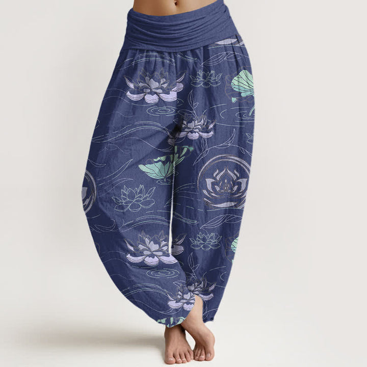 Buddha Stones Haremshose aus Baumwolle mit Lotus-Wellenmuster und elastischem Bund für Damen - Marine - US16, UK/AU20, EU48 (3XL) - image 0