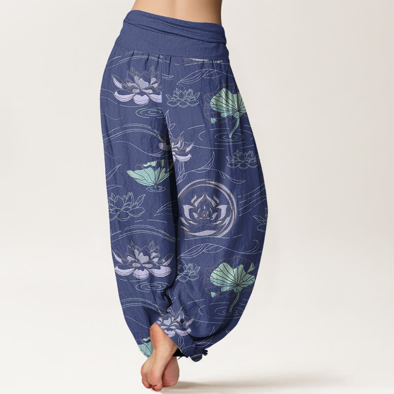 Buddha Stones Haremshose aus Baumwolle mit Lotus-Wellenmuster und elastischem Bund für Damen - image 1