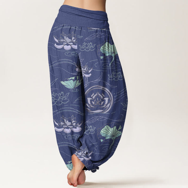 Buddha Stones Haremshose aus Baumwolle mit Lotus-Wellenmuster und elastischem Bund für Damen - image 1