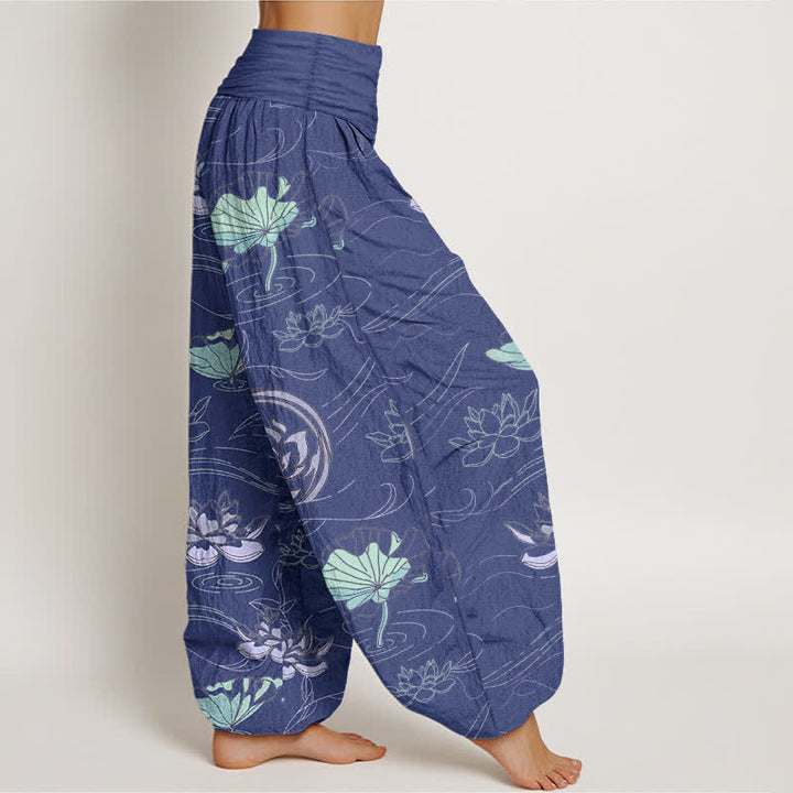 Buddha Stones Haremshose aus Baumwolle mit Lotus-Wellenmuster und elastischem Bund für Damen - image 2