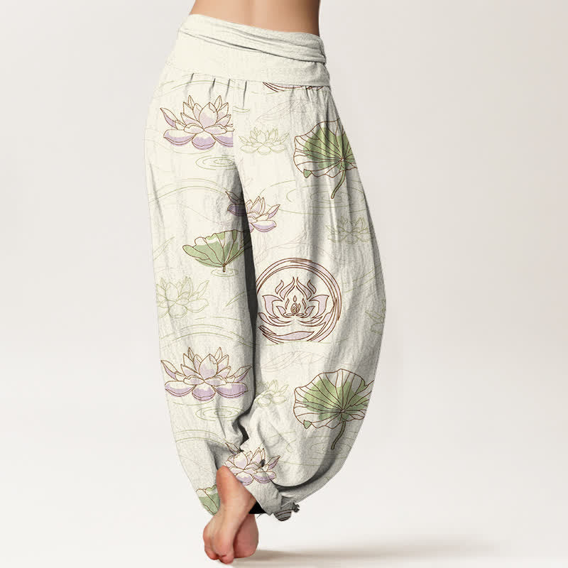 Buddha Stones Haremshose aus Baumwolle mit Lotus-Wellenmuster und elastischem Bund für Damen - image 6
