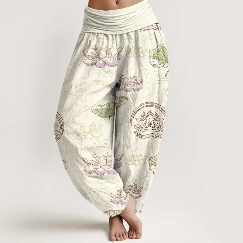 Buddha Stones Haremshose aus Baumwolle mit Lotus-Wellenmuster und elastischem Bund für Damen - Elfenbein - US16, UK/AU20, EU48 (3XL) - image 5