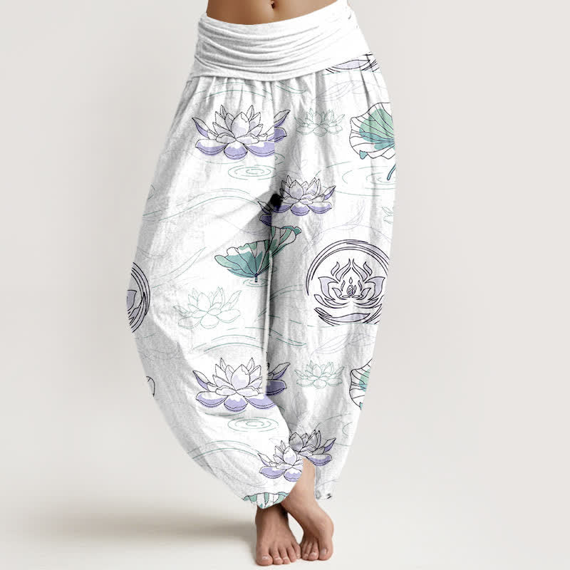 Buddha Stones Haremshose aus Baumwolle mit Lotus-Wellenmuster und elastischem Bund für Damen - Weiß - US16, UK/AU20, EU48 (3XL) - image 8